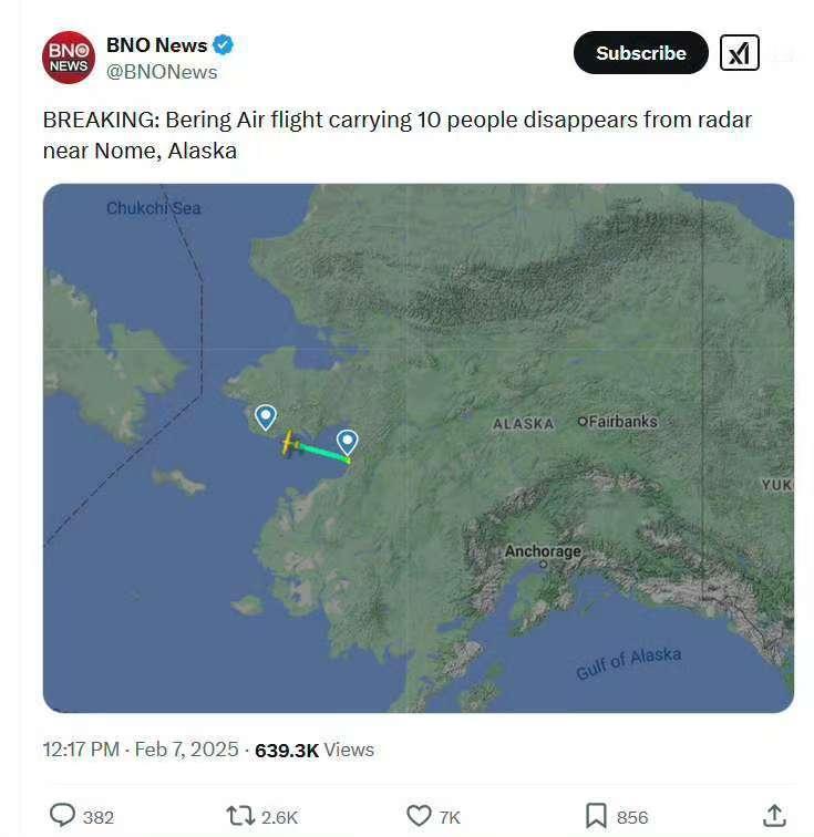 『美国天天刷🛫』美国白令航空一架塞斯纳208小型客机在阿拉斯加州诺姆上空失联，