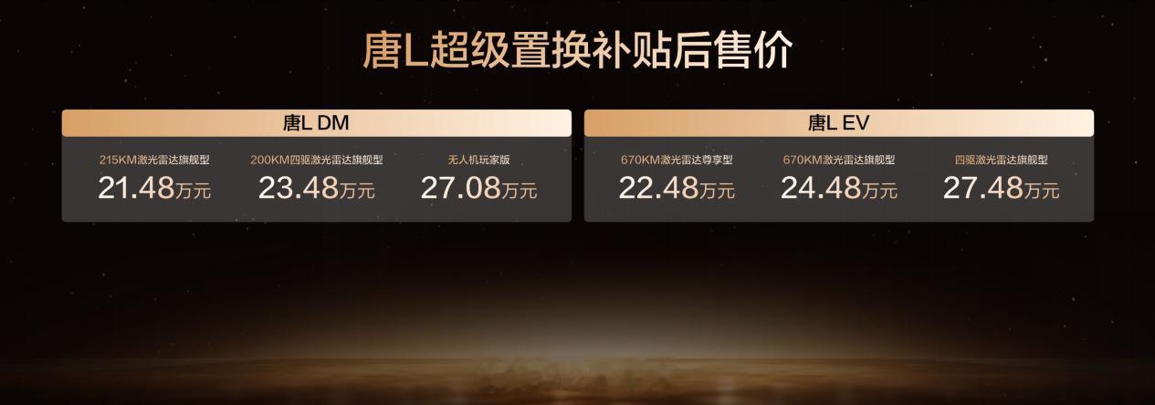 比亚迪唐 L 也同样推出了两个版本的新车型。唐 L EV：售价 22.48 万 