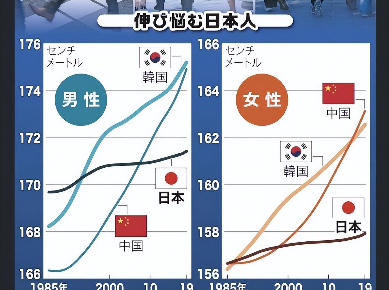 最近日本网上有一张图很火——中日韩年轻人的平均身高变化。 
 
这张图最容易引起