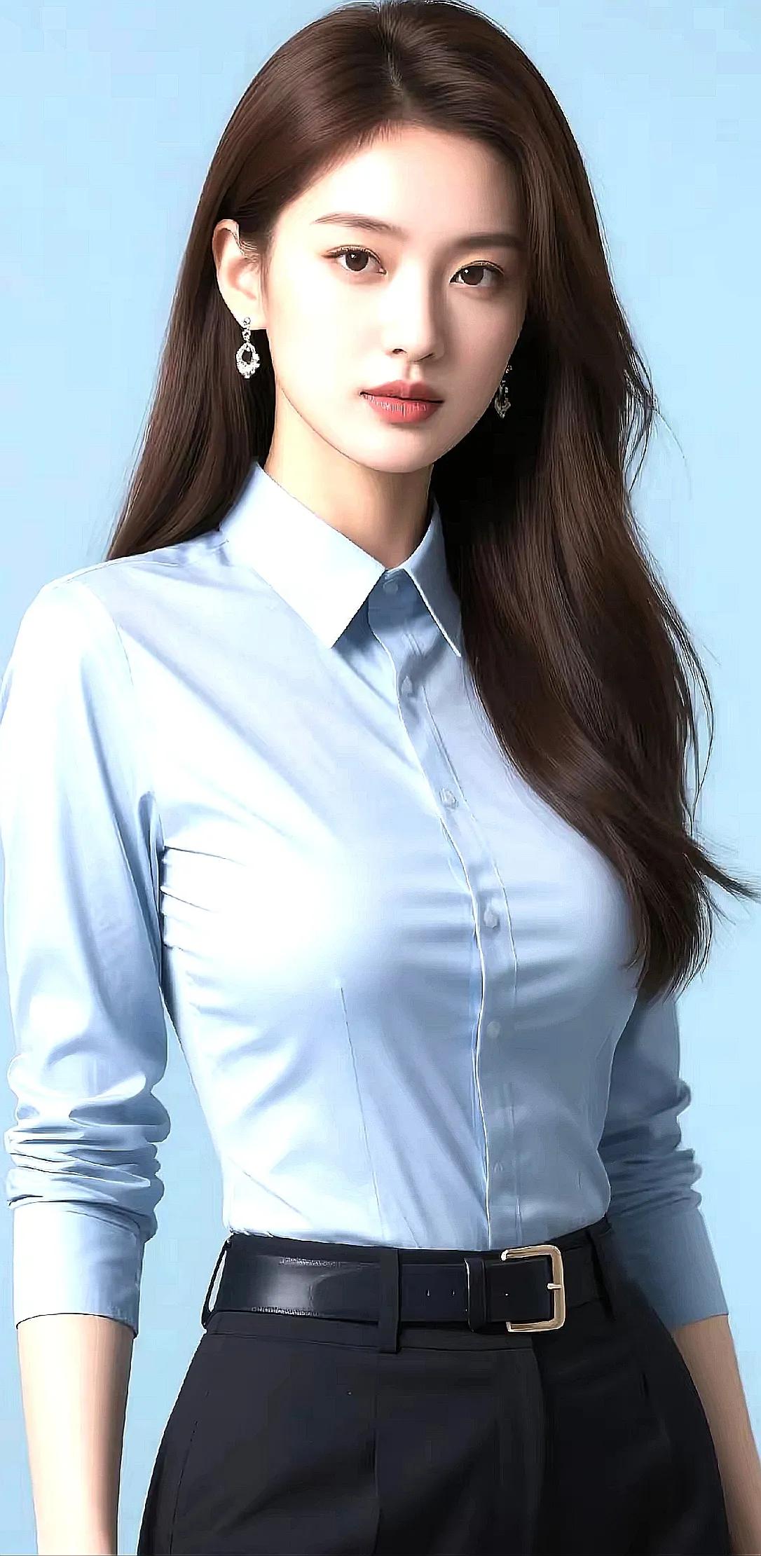 蓝衫映玉颜，清风拂发间。