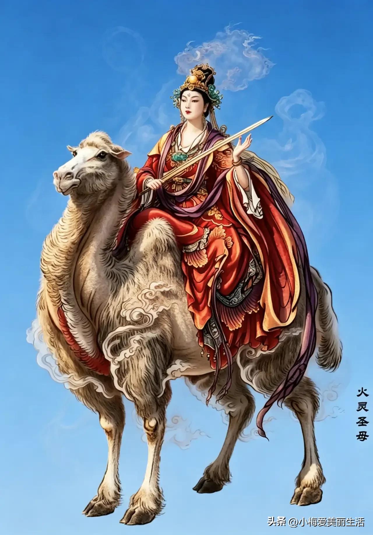 火灵圣母骑骆驼，云中行，威风凛凛。