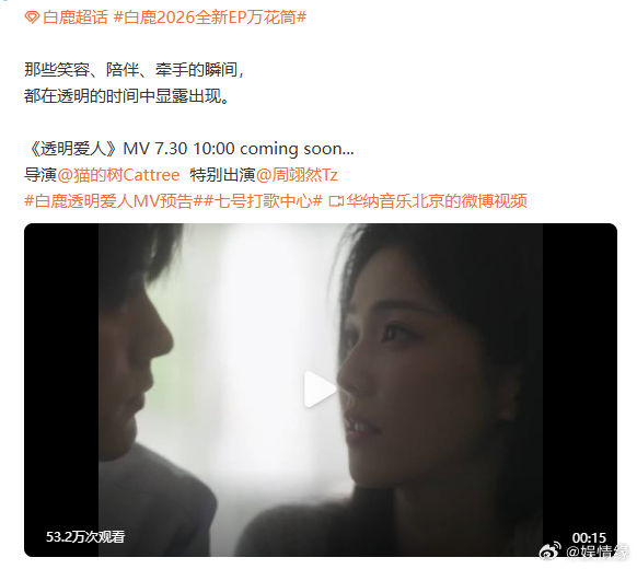 白鹿透明爱人MV导演是猫的树白鹿新歌MV导演是猫的树喜欢氛围感短片的人有福了，猫