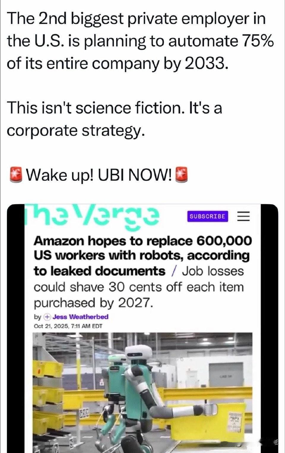 据泄露文件，亚马逊希望用机器人取代 60 万名美国工人；到 2027 年，由此带