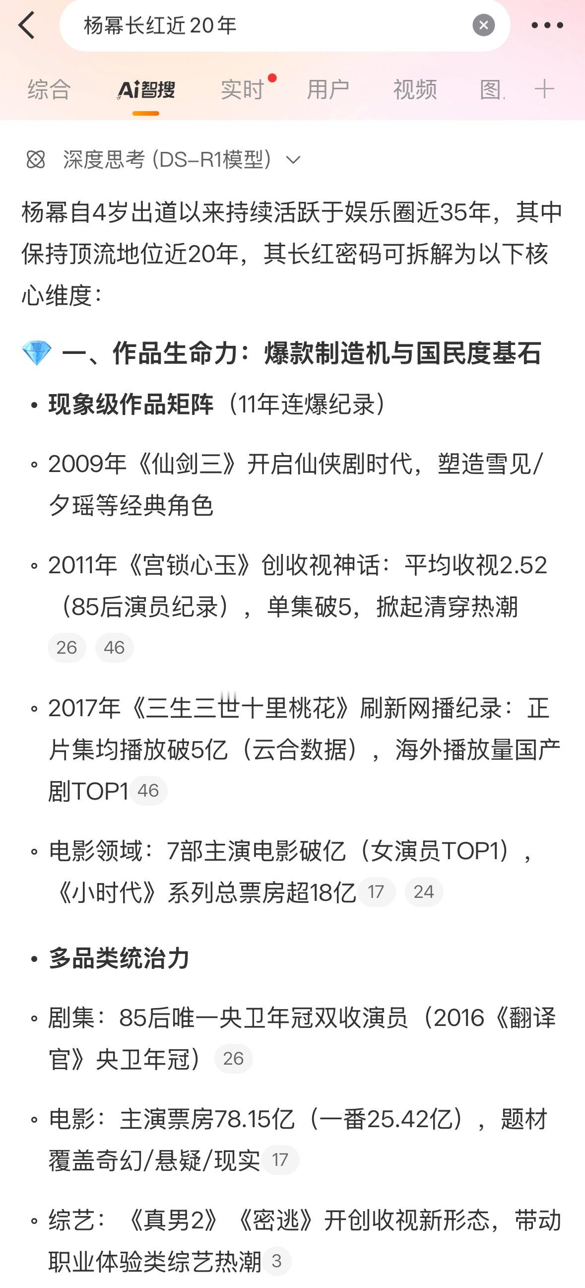 好家伙！这个微博智搜总结的有点东西！杨幂长红近20年 拆解密码👇一、作品生命力