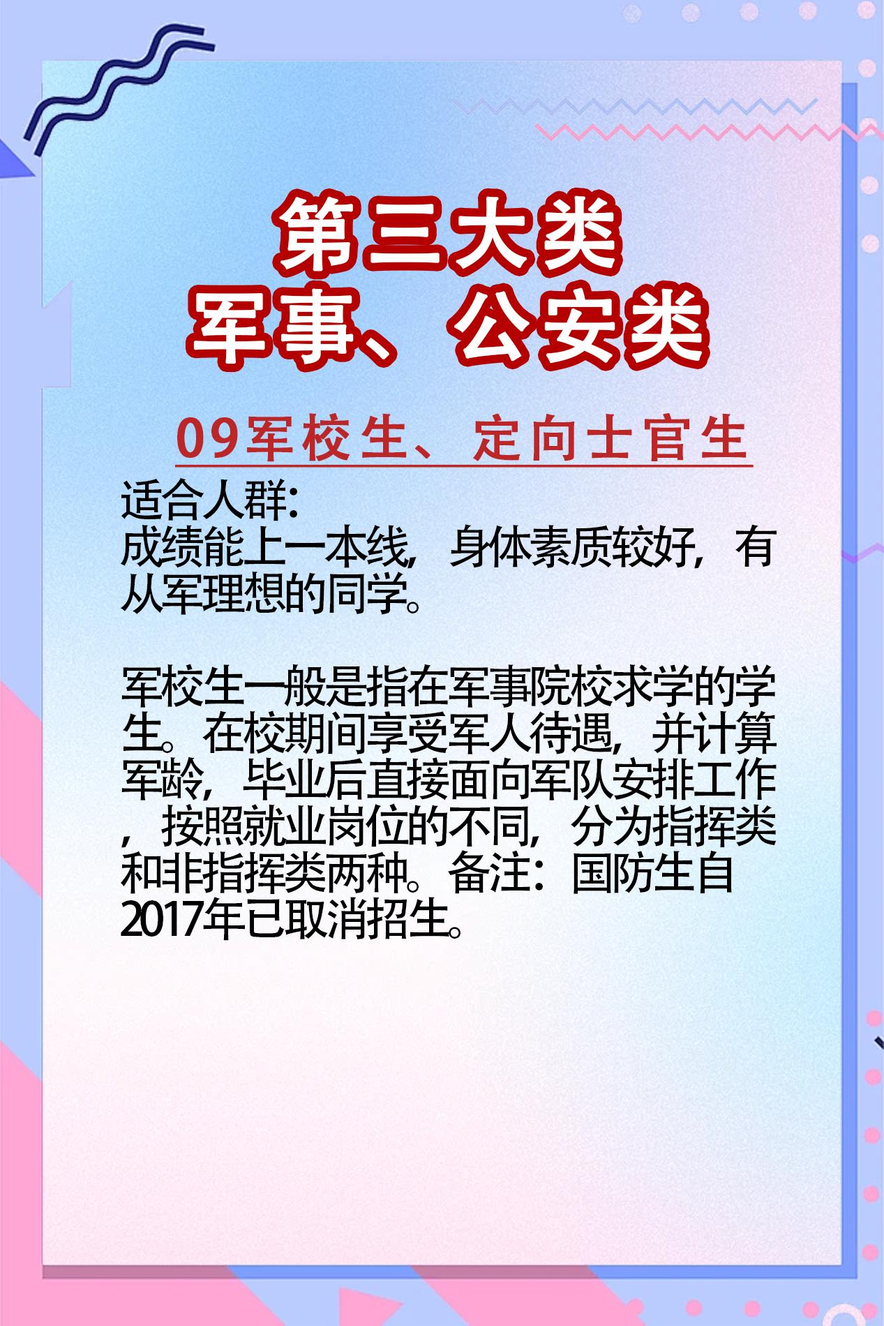 18种升学途径——09军校生、定向士官生。