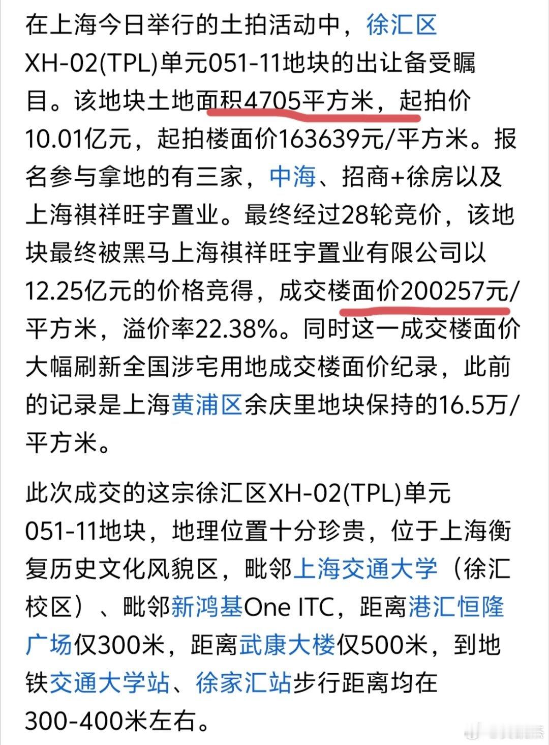 上海新地王诞生上海新地王出来了，成交楼面价20万，不过这点面积比足球场还小30%