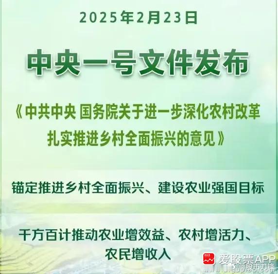 2025年中央一号文件落地了，第一重点还是粮食农产品保障，对于14亿人口的大国，