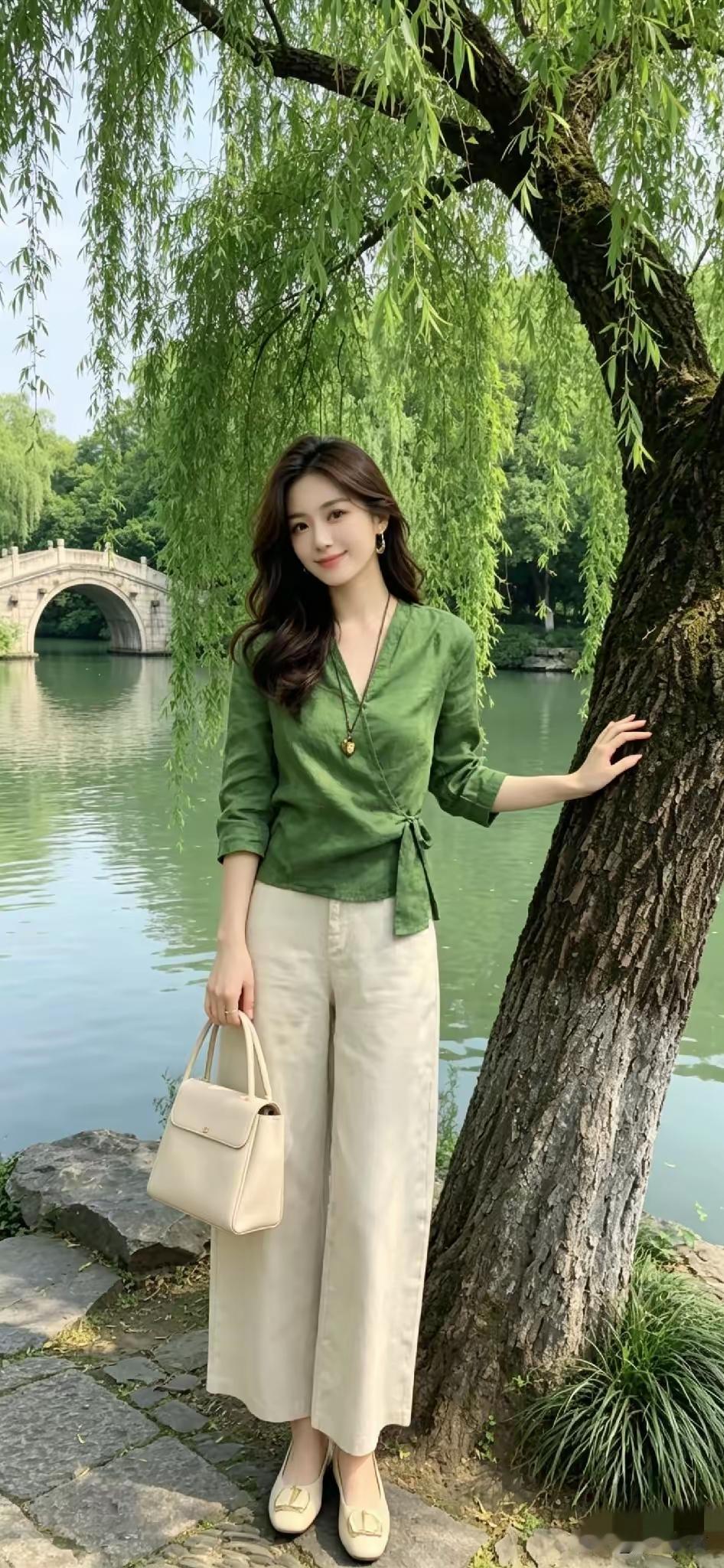 绿意盎然中，优雅的穿搭与自然相得益彰🌿👗👠