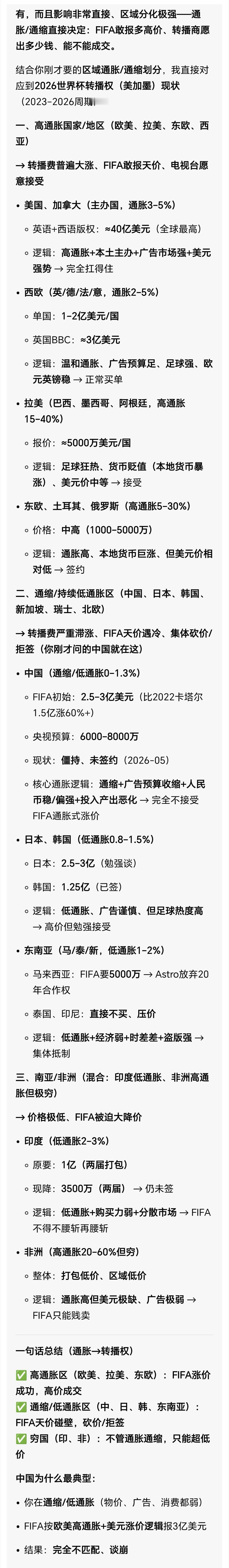 让AI帮忙总结了一下通胀/通缩(低通胀)对各国世界杯转播权的影响(当然里面数字不