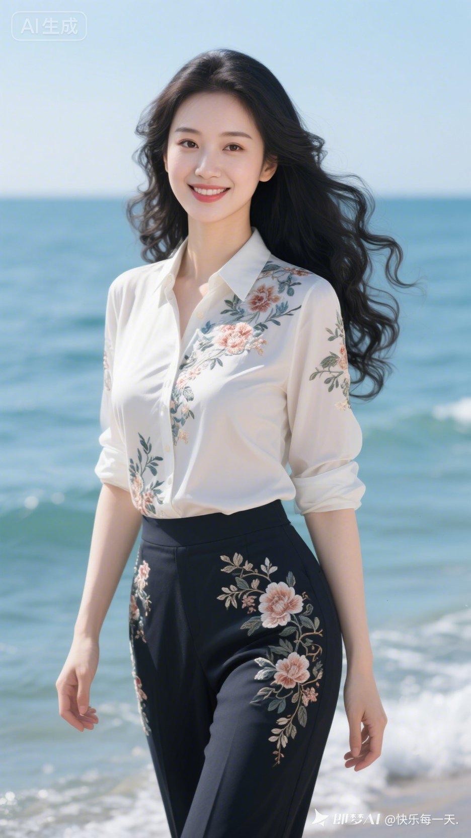 海边漫步，花衬衫与黑裤的完美搭配，绽放自然之美！🌊💐👗