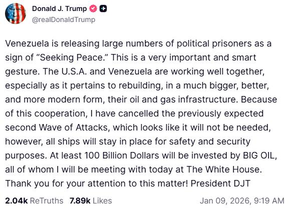 美国总统表示，他今天将在白宫与“大石油公司”会面，委内瑞拉正在“释放大量政治犯”