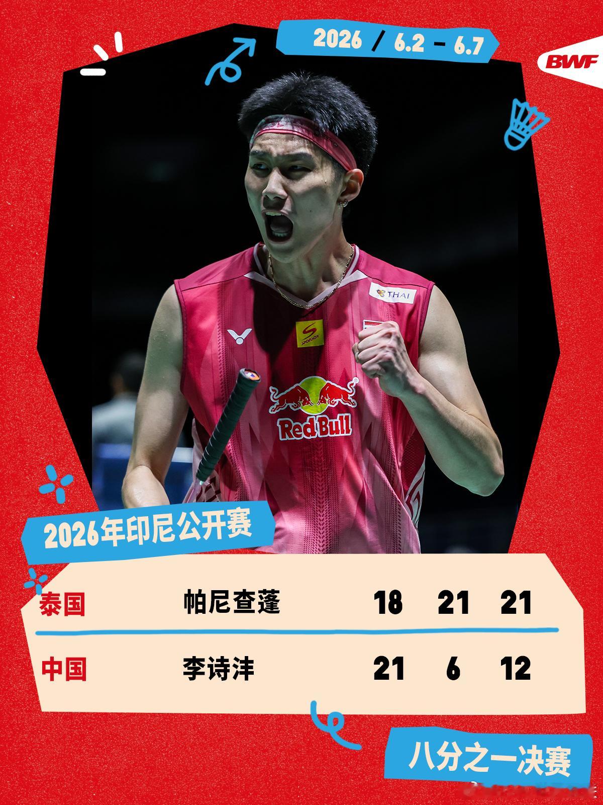 2026年印尼羽毛球公开赛 次轮赛况🔥帕尼查蓬2-1李诗沣李诗沣不敌帕尼查蓬，