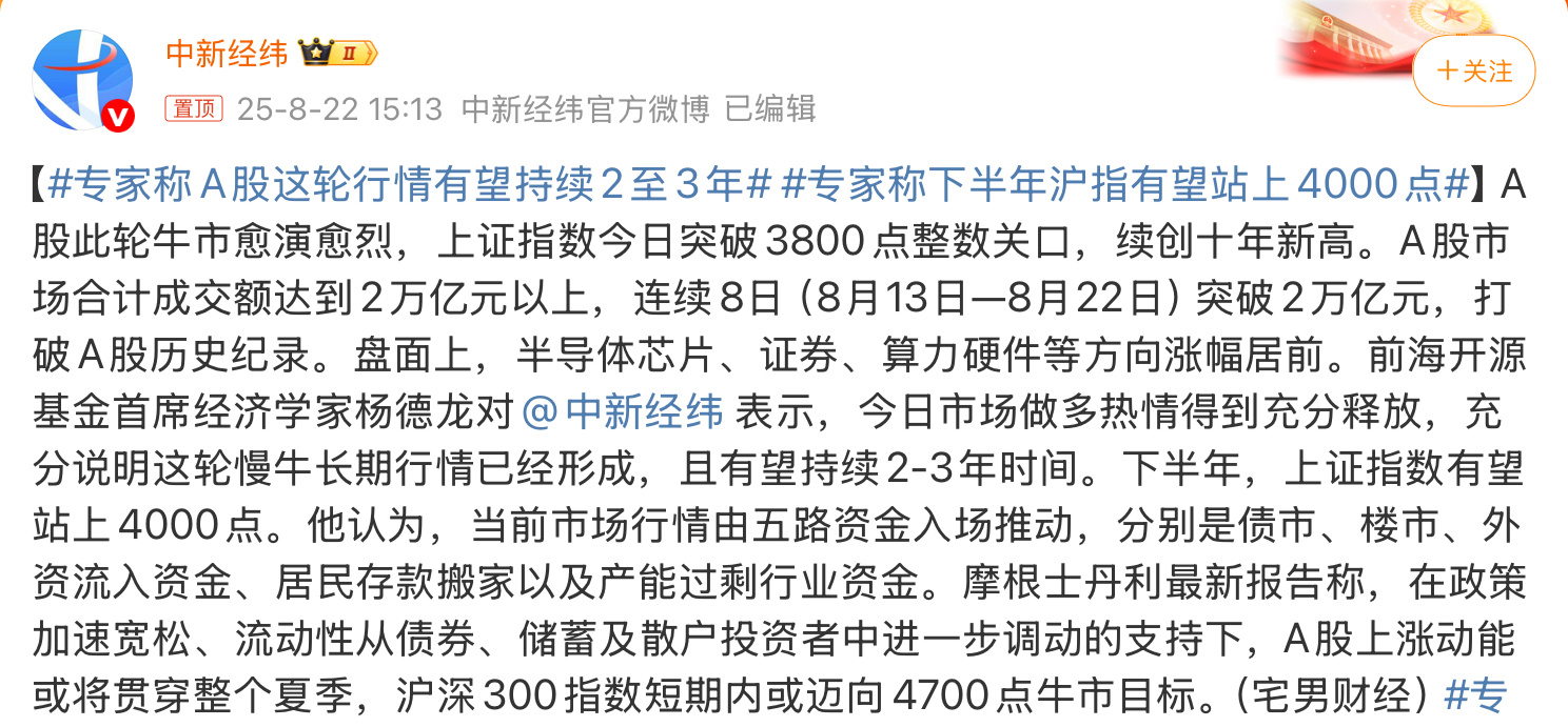 专家称A股这轮行情有望持续2至3年专家和券商但凡要点脸，A股还真有可能迎来大牛市