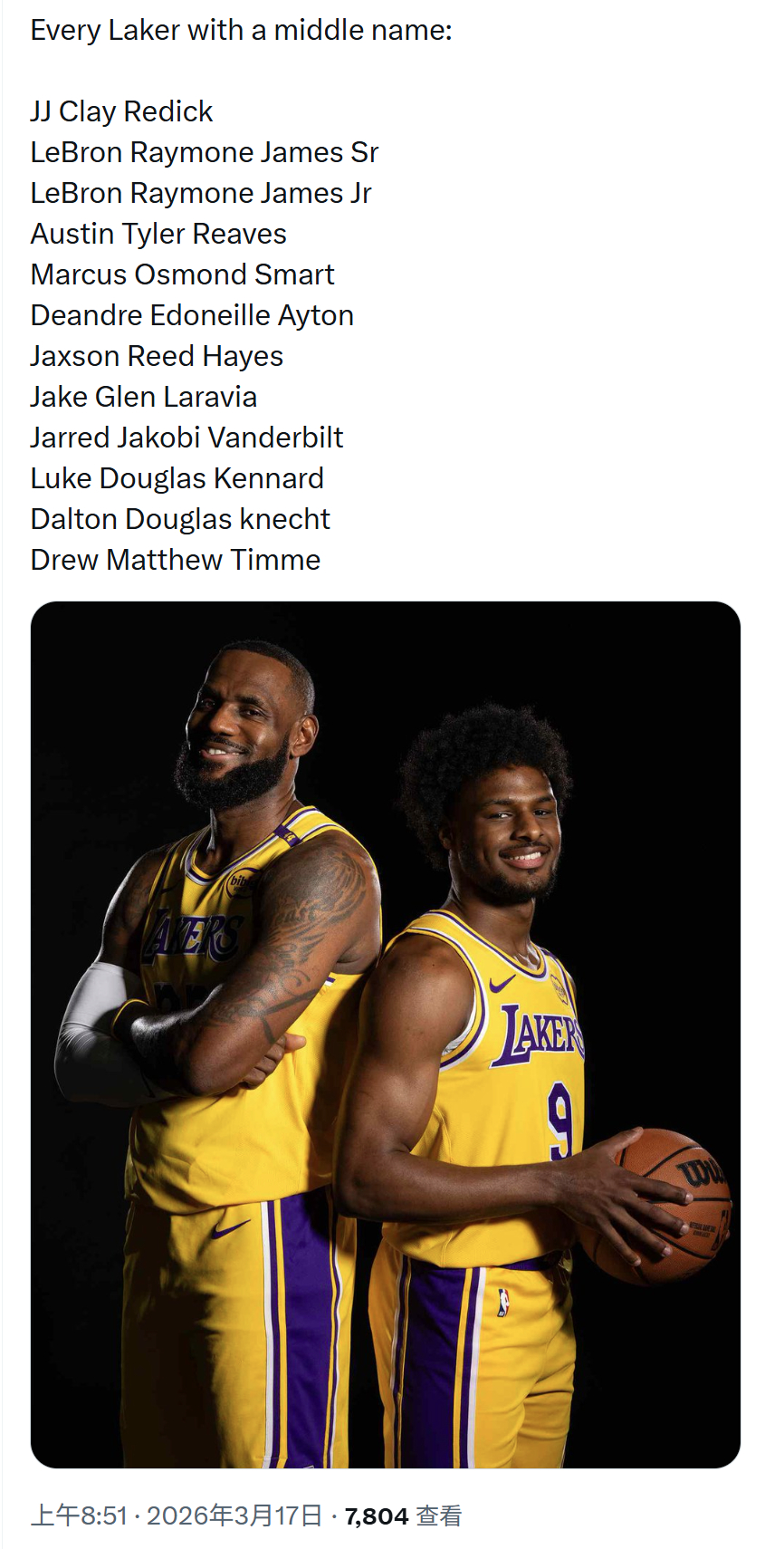 湖人主教练和球员的全名你都知道吗？JJ·克雷·雷迪克勒布朗·雷蒙·詹姆斯小勒布朗