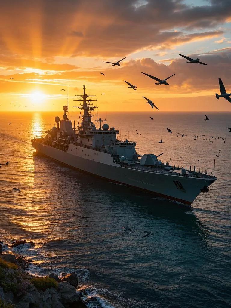 夕阳倾洒南海湾，军舰雄姿镇海澜。飞机划过霞满天，海鸟纷飞鱼跃欢。迎着落霞来看海 