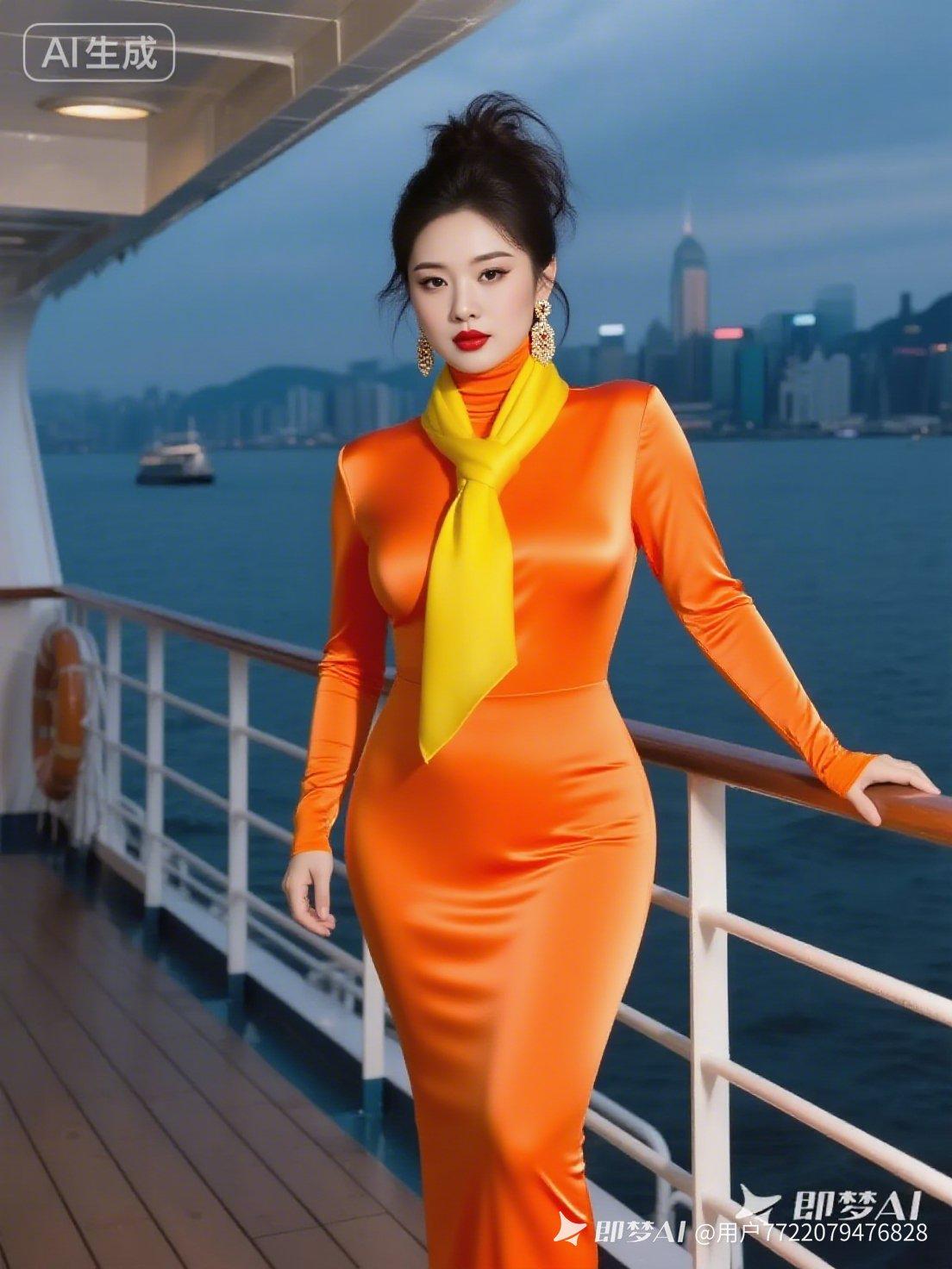 都市女郎的时尚穿搭，橙色连衣裙与黄昏城市背景的完美融合。