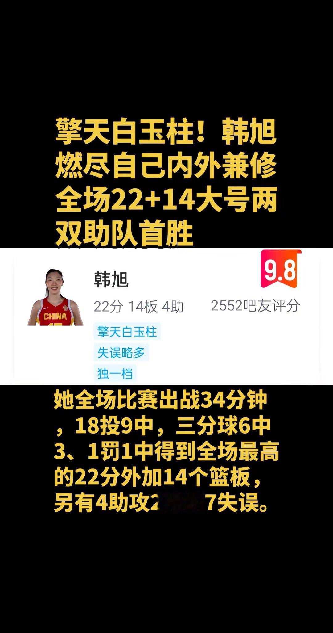 中国女篮加时赛74-70险胜捷克女篮，韩旭内外线火力全开，拼尽全力率队完成逆转。