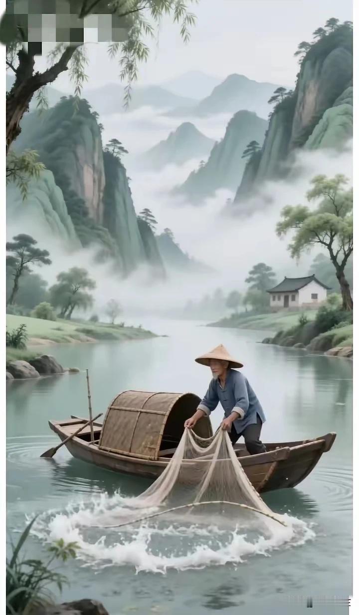 上联:雾锁江天收晚网
下联:雨过天晴早渔樵