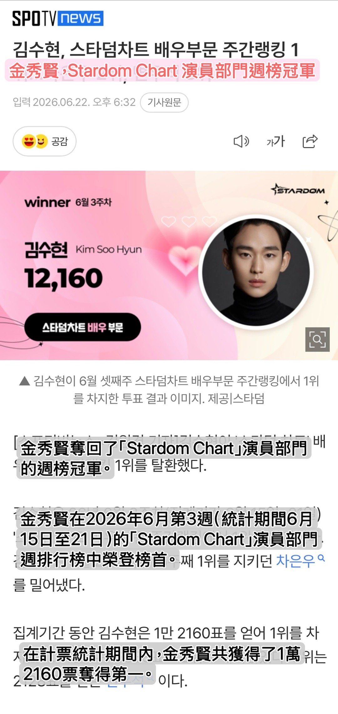 金秀贤  【韓網新聞】［2026.6.22 金秀賢，Stardom Chart 