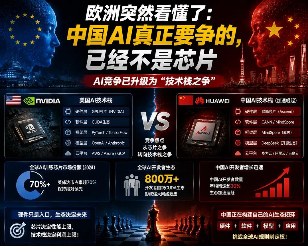 欧洲忽然发现自己在AI赛道上已经被边缘化了。
目前全球的AI产业链已经形成，一边