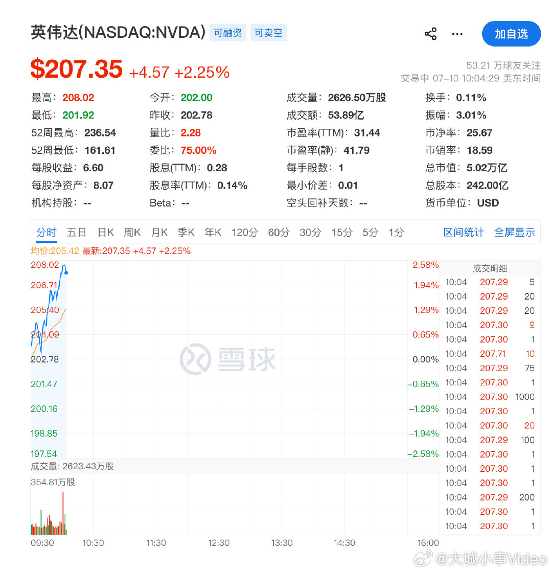 【英伟达总市值再上5万亿美元】7月10日，英伟达股价上涨2.3%，报207.4美