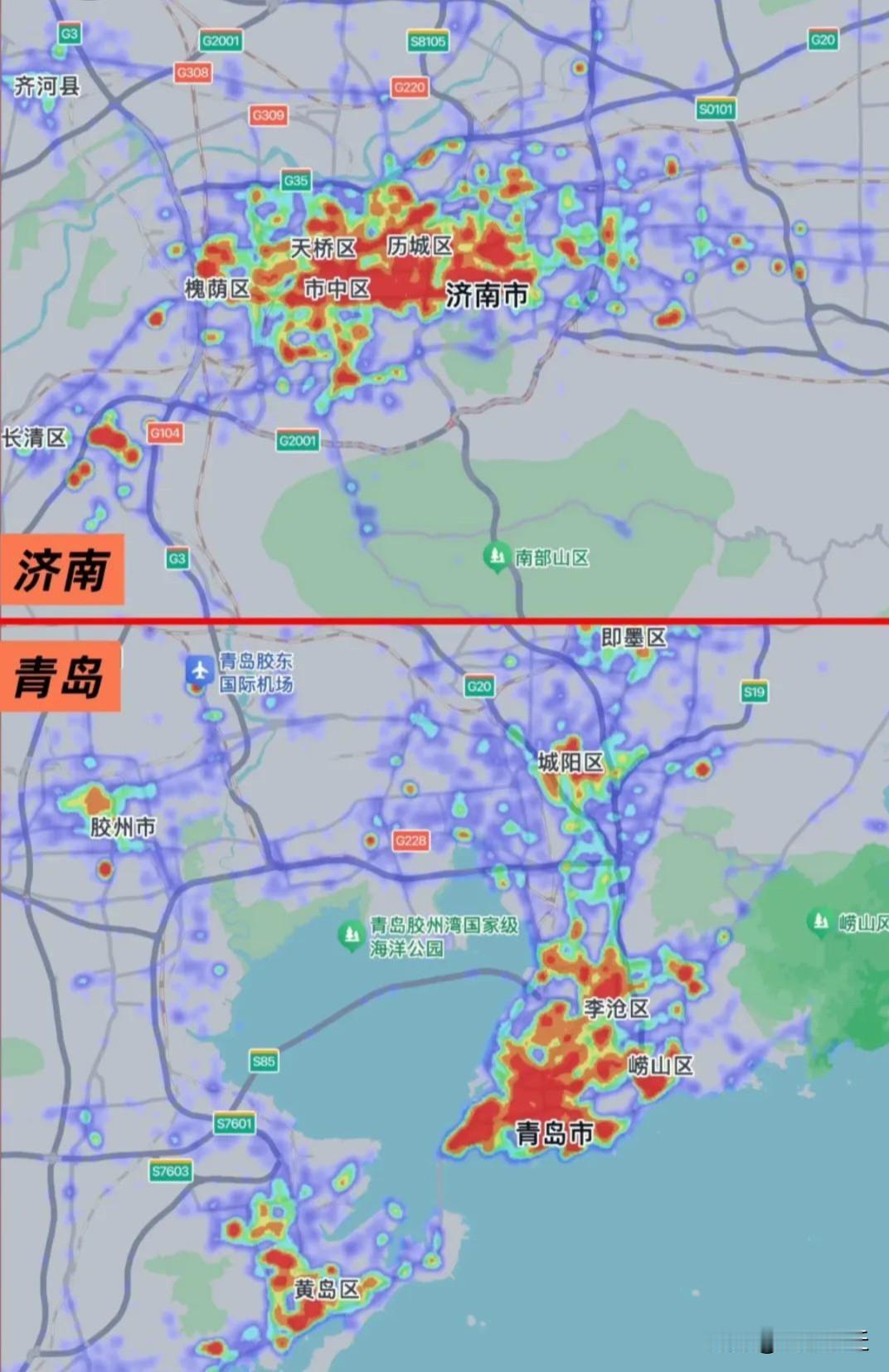 从城市热力图中可见，济南主城区一片火红，建成区在视觉上规模宏大，城区人口聚集效应