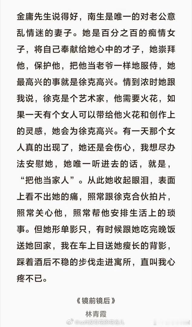 好友林青霞笔下施南生对于徐克对于感情的表现、感受与处理。之前看多了说她感情的悲情