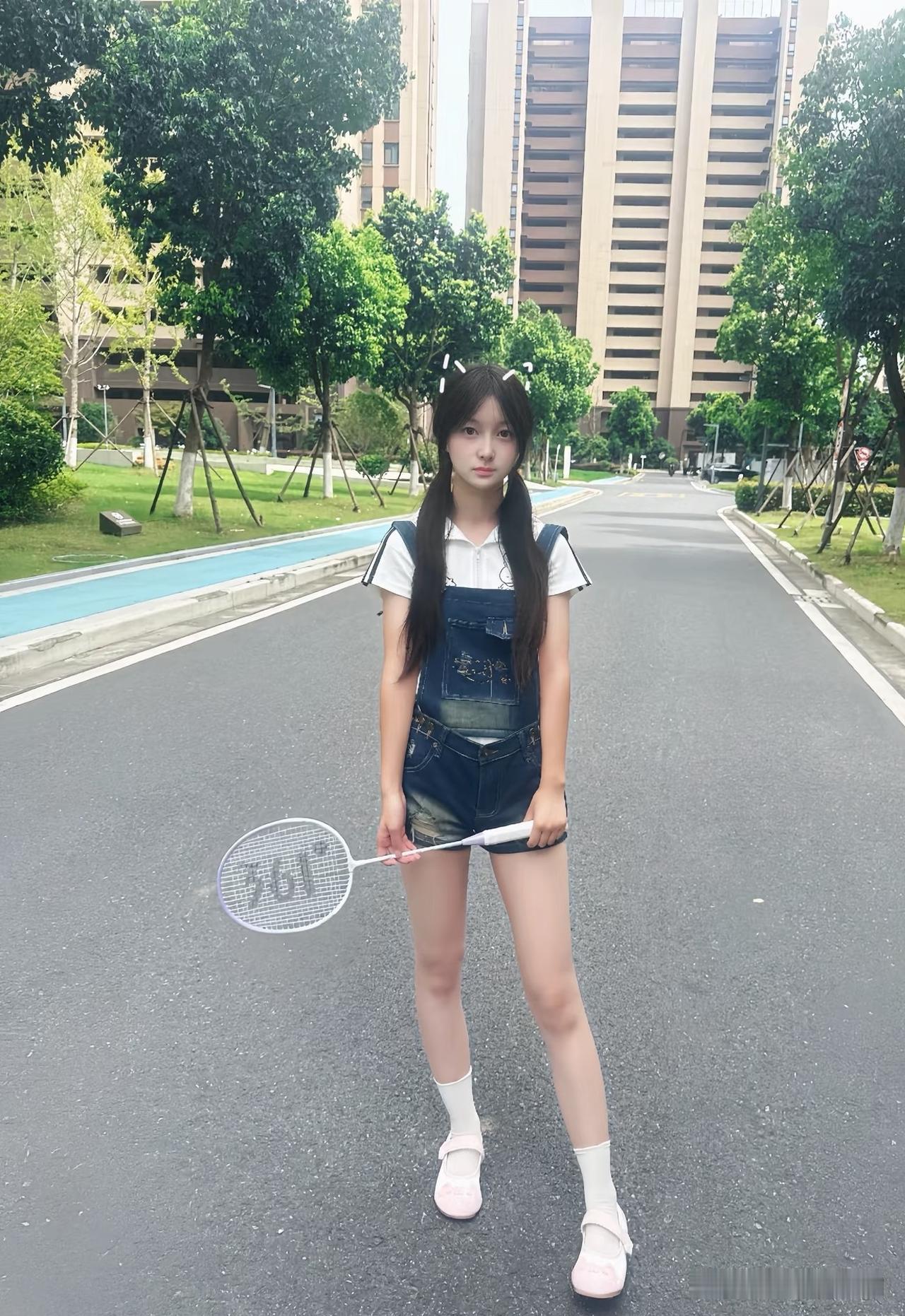 校园清新少女，手拿球拍，元气满满的一天！🌞🏸