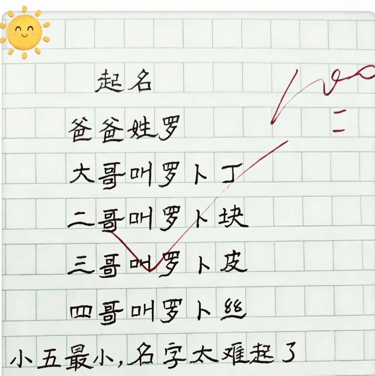  萝卜家族全员就位！罗卜丁、罗卜块、罗卜皮、罗卜丝，小五叫啥？

网络趣味段子
