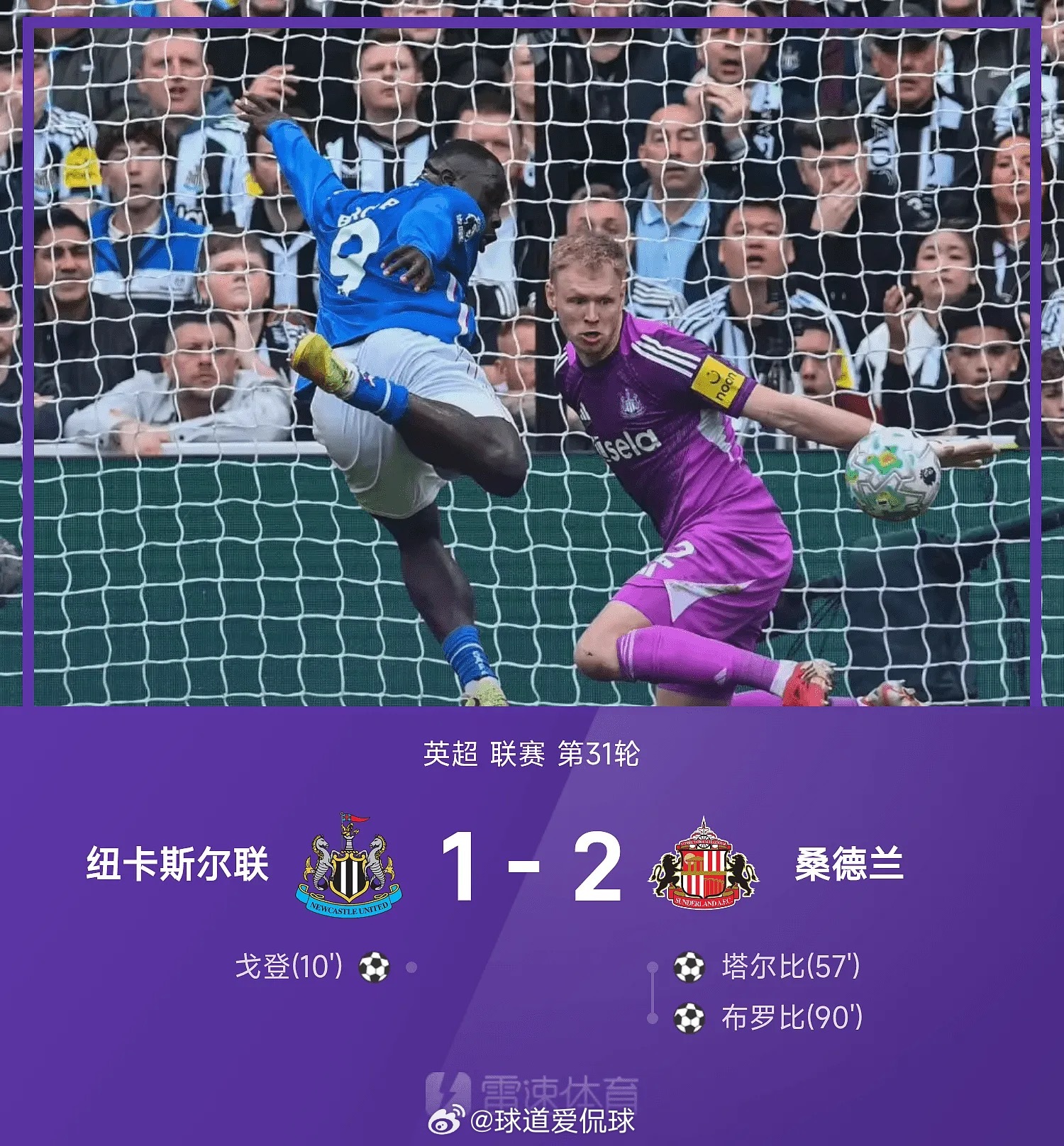 03月22日讯 25/26赛季英超联赛第31轮，桑德兰2-1战胜纽卡斯尔联。上半
