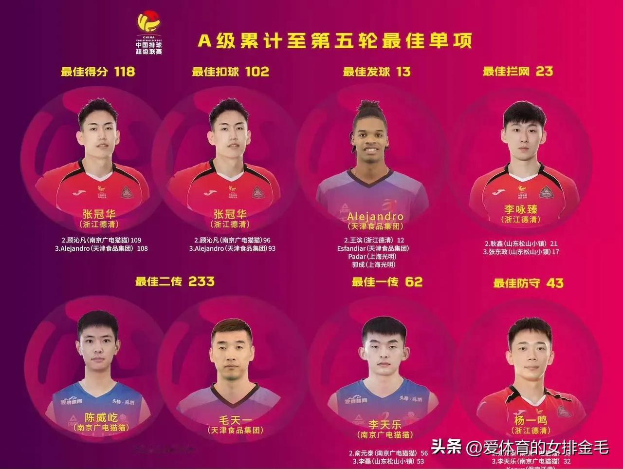 2024-2025赛季中国男子排球超级联赛常规赛A级最佳单项技术（累计5轮）
