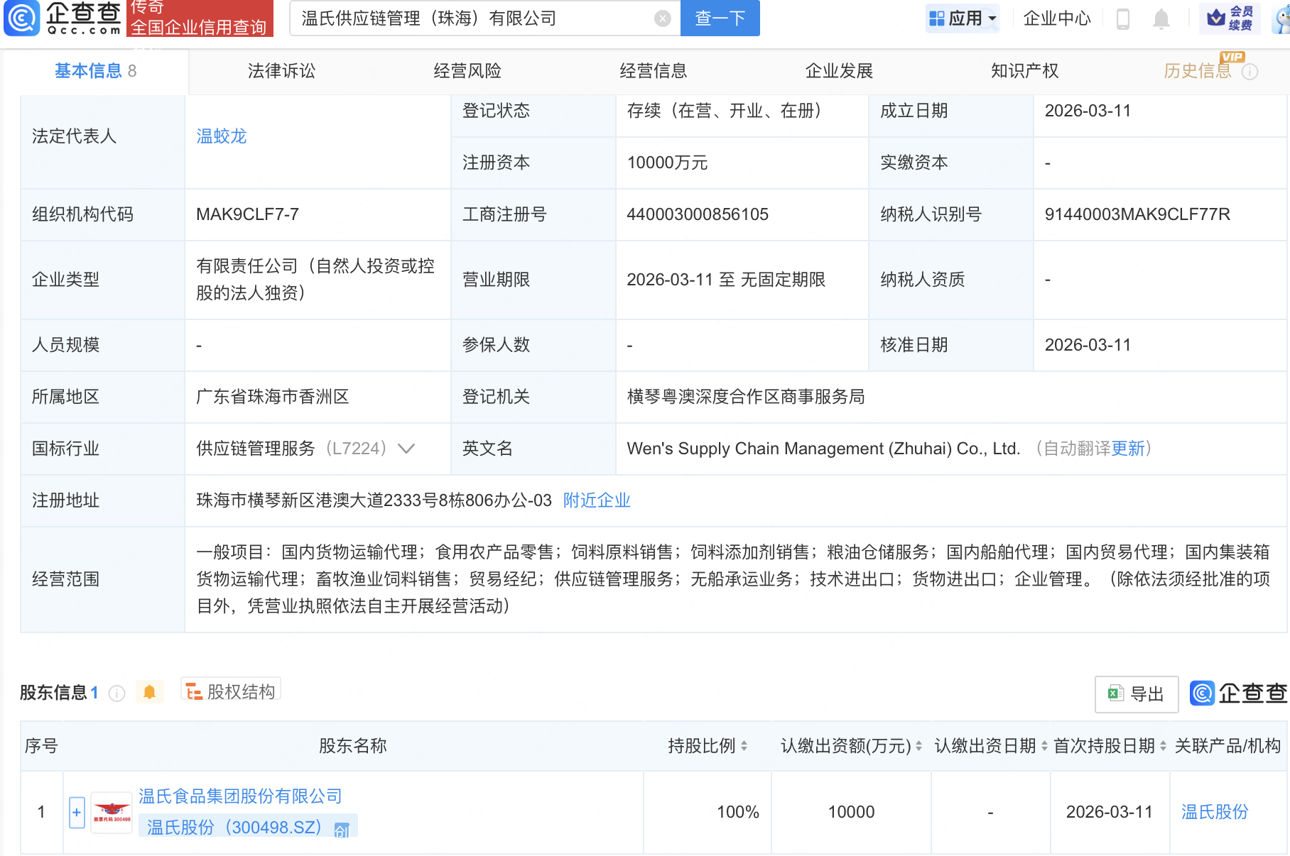 温氏股份在珠海成立供应链管理公司