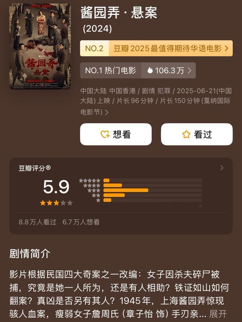 酱园弄豆瓣开分5.9，目前票房2亿，预测票房5.46亿酱园弄豆瓣开分5.9 ​​