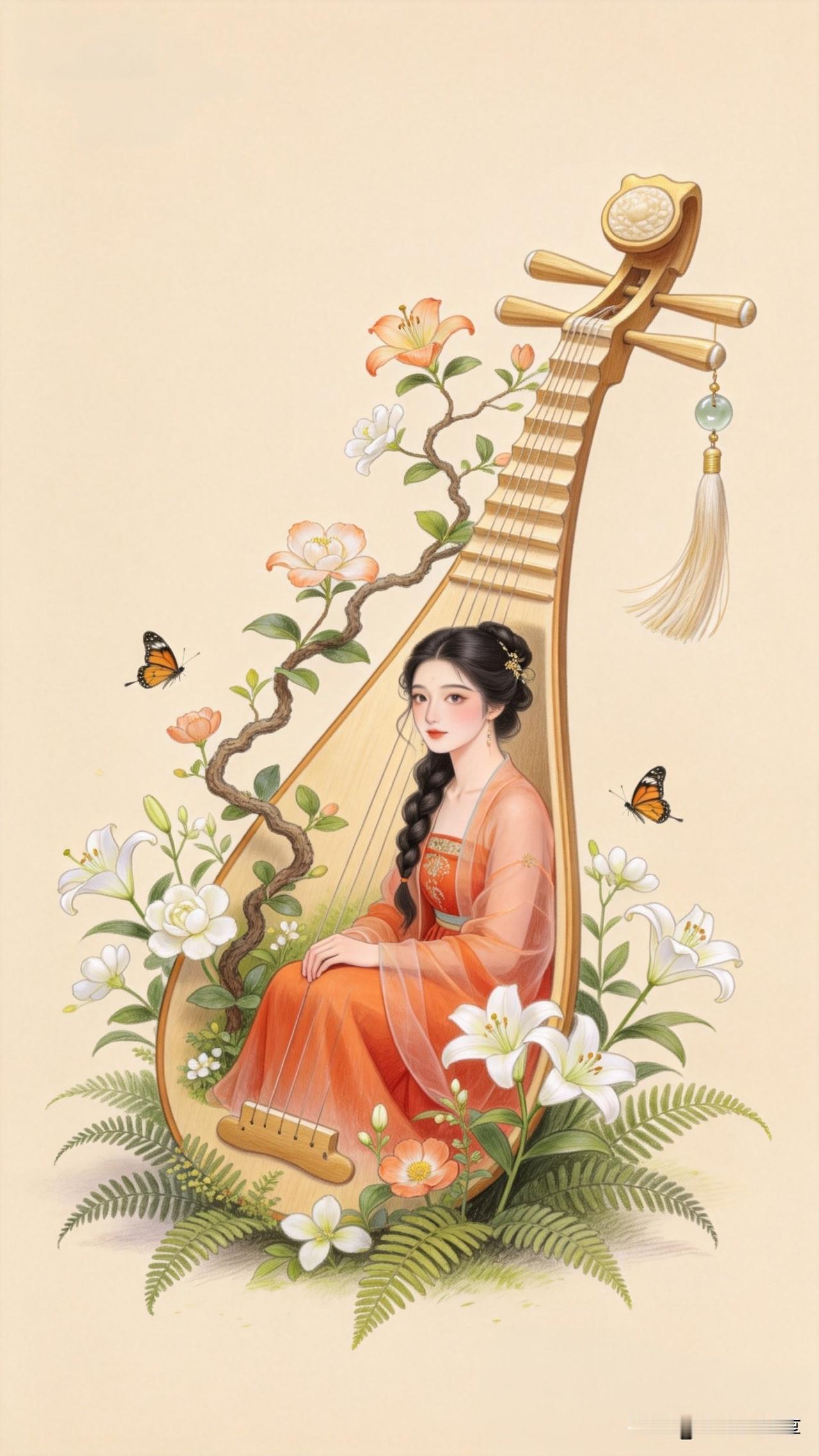 《水调歌头·花间琵琶》

巨木化琴瑟，奇巧夺天工。
不知何处仙匠，移种百花丛？