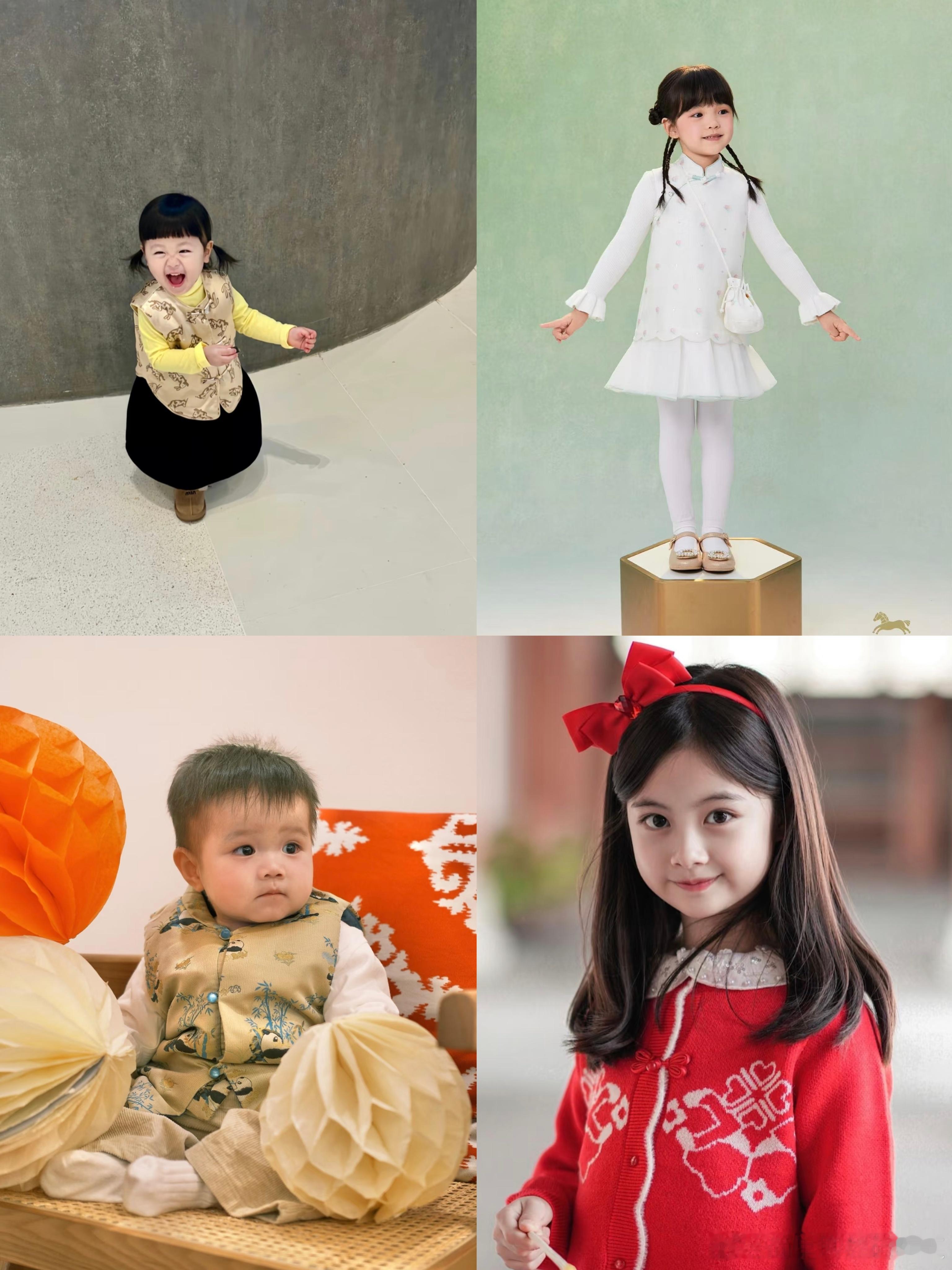 🎉四个小朋友的时尚拜年装，萌化全家！👧👦黄色上衣配黑裙，小女孩俏皮可爱；白