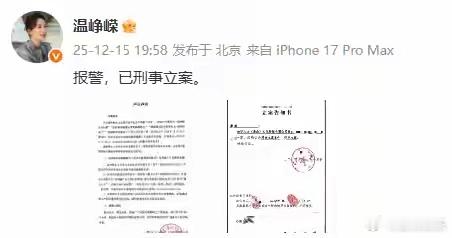  温峥嵘称已刑事立案被AI换脸盗播还遭水军造谣，她12月15日晒立案告知书，这事
