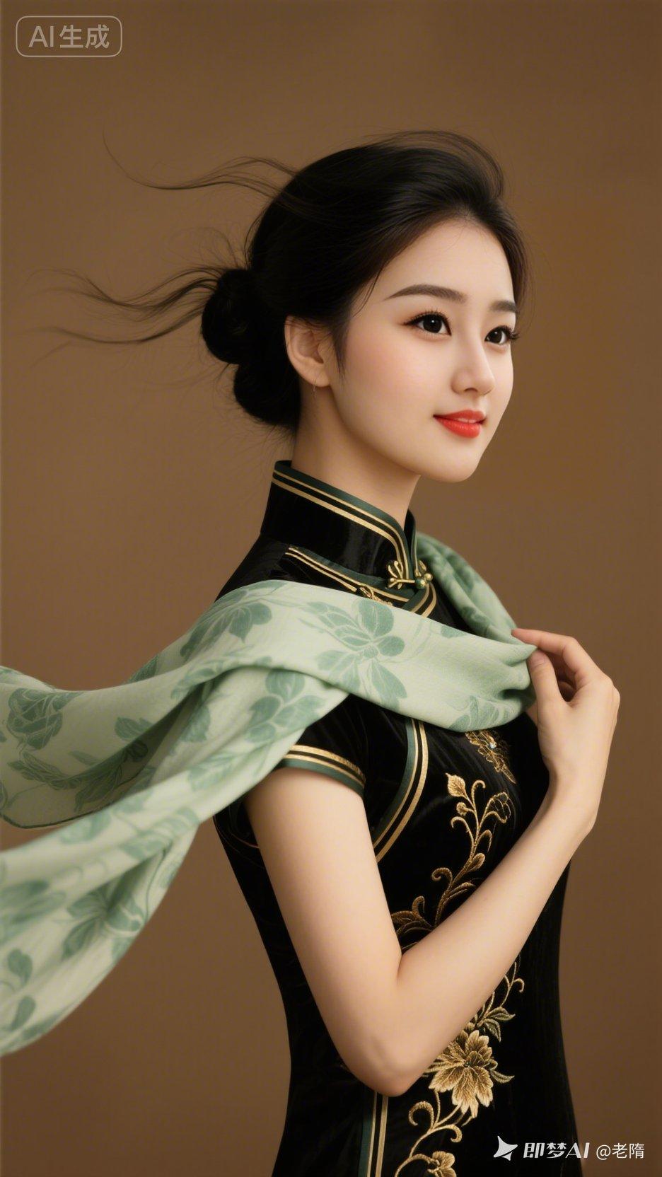 国风佳人着黑色金线刺绣旗袍，浅绿围巾随风轻扬，盘发发丝飘逸。回眸甜笑，眉眼逼真细