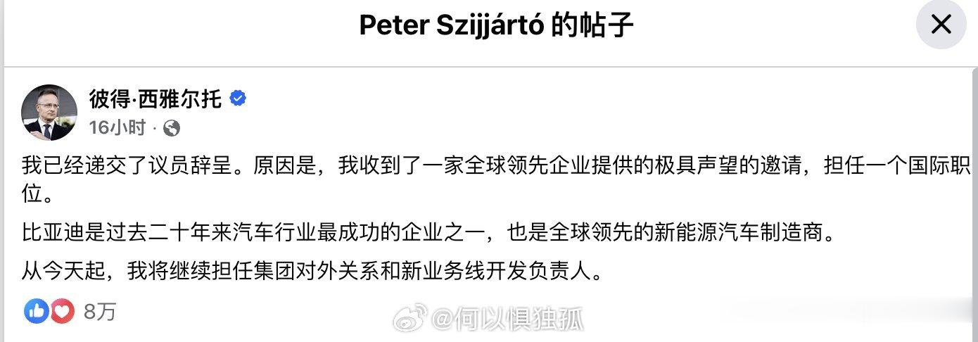 欧尔班那个前匈牙利外长去比亚迪了