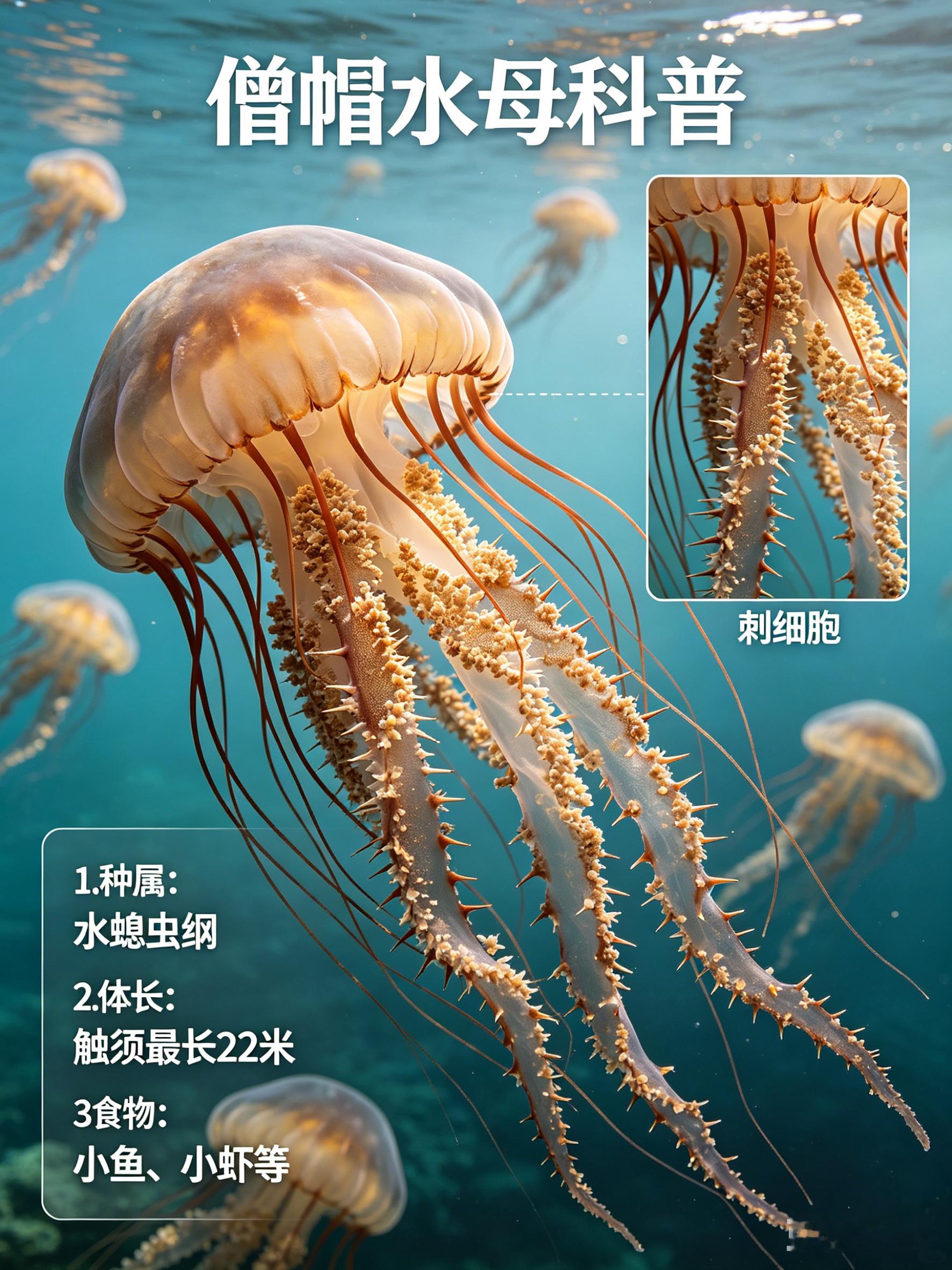 海洋朋友圈 僧帽水母海洋档案种　属：水螅虫纲体　长：触须最长22米食　物：小鱼、