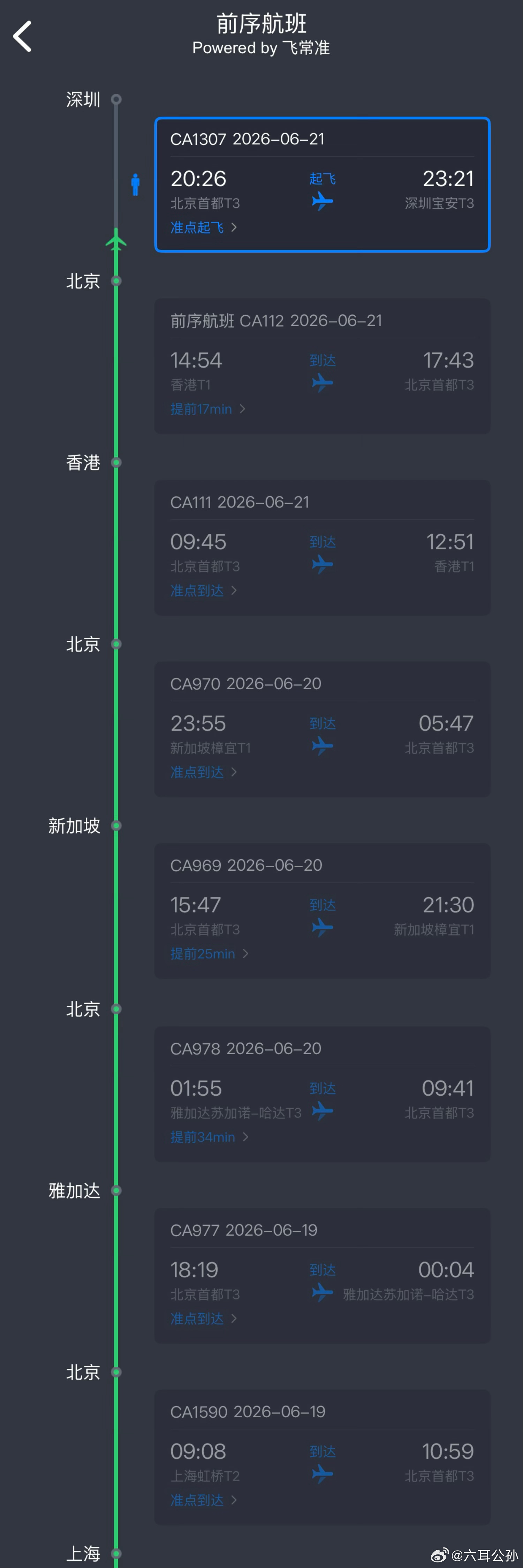好忙碌的一架飞机，3天时间里跨国飞了6个城市，换了8个航班号，飞行近3万公里，几