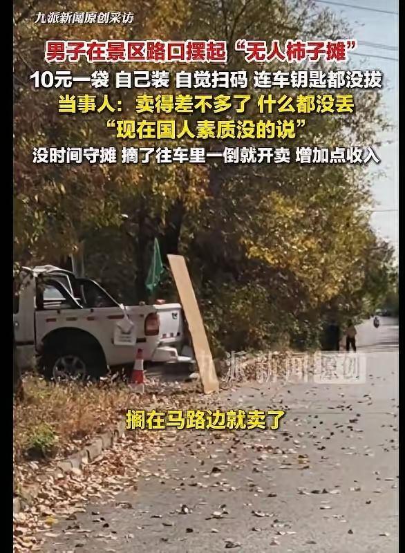 这招绝了！北京，一名男子家里柿子太多，农活忙不过来，没空守摊，直接上山摘了一车柿