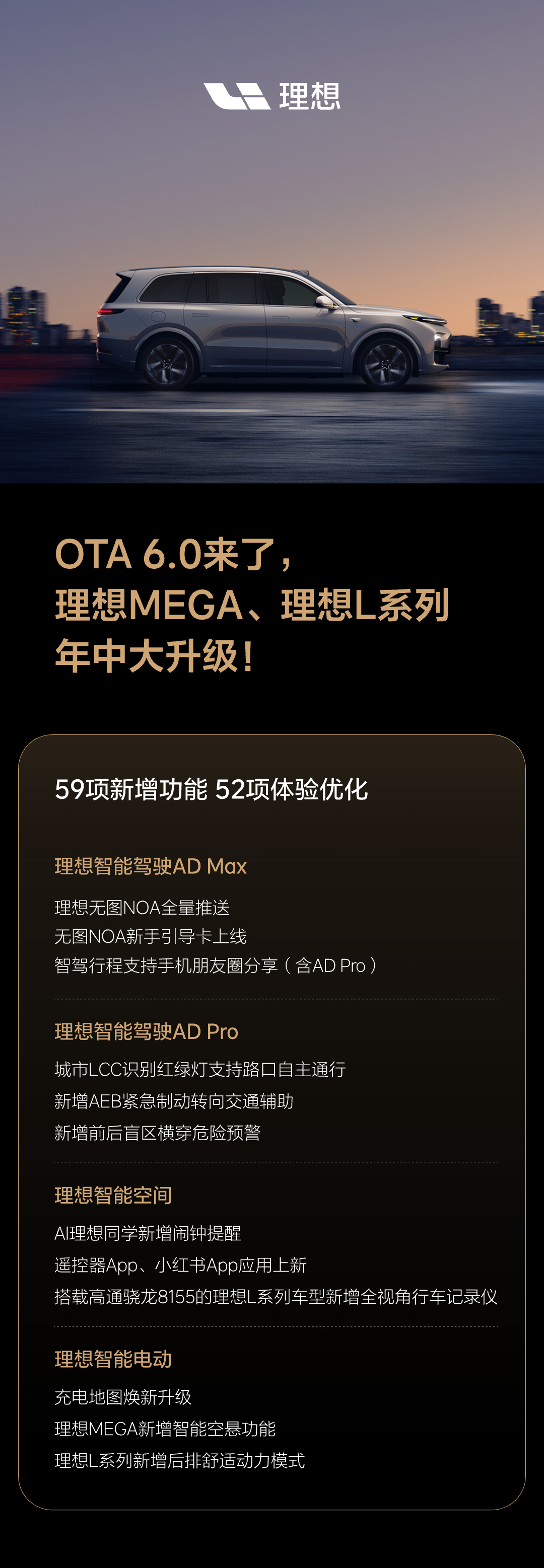 理想MEGA、理想L系列OTA 6.0正式开始推送了。智能驾驶、智能空间、智能电