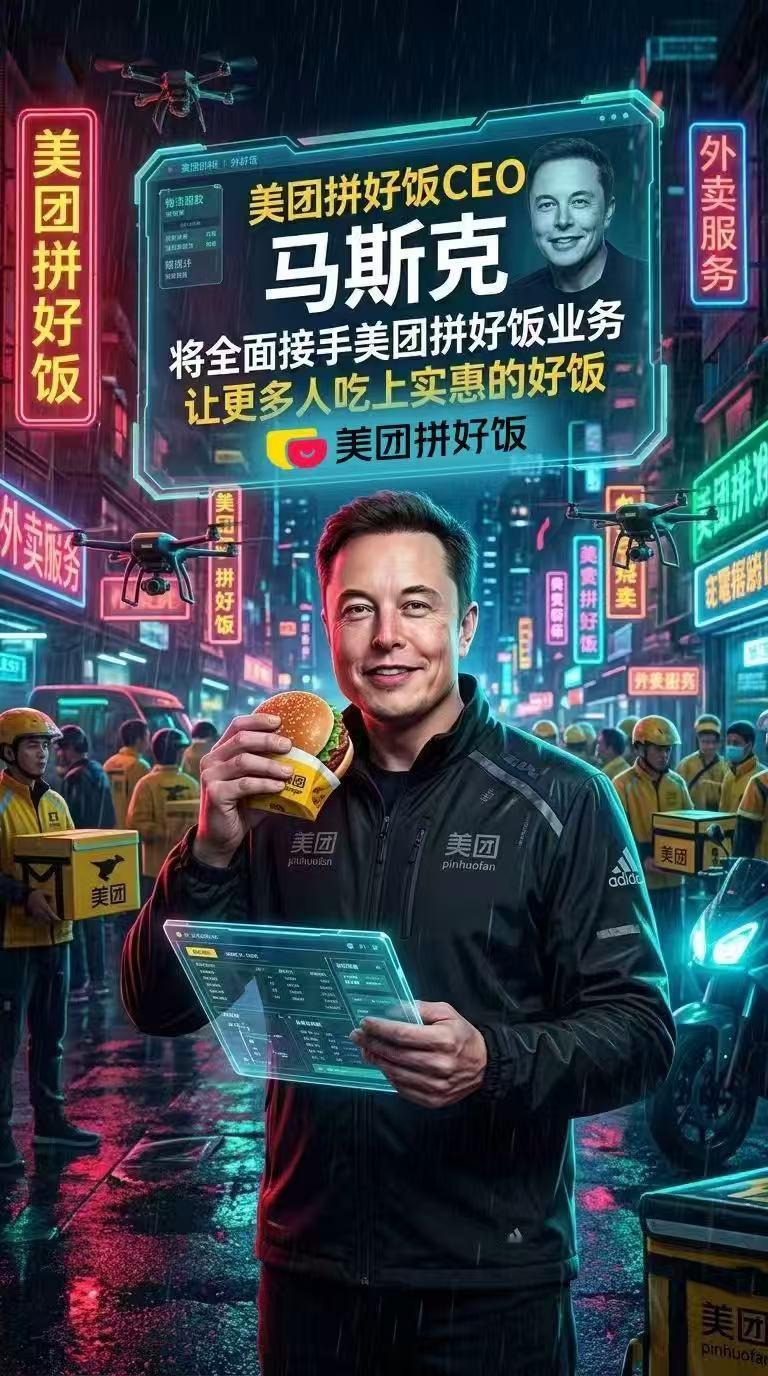 马斯克加入拼好饭谣言系AI生成从科技大佬变身外卖CEO，全是AI创作的趣味玩梗，