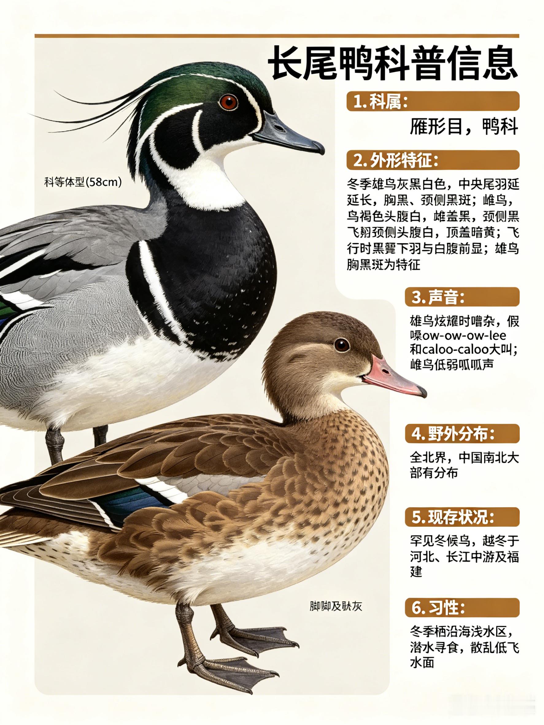 鸟类朋友图鉴 长尾鸭·科属：雁形目，鸭科。·外形特征：冬季雄鸟系中等体型（58c