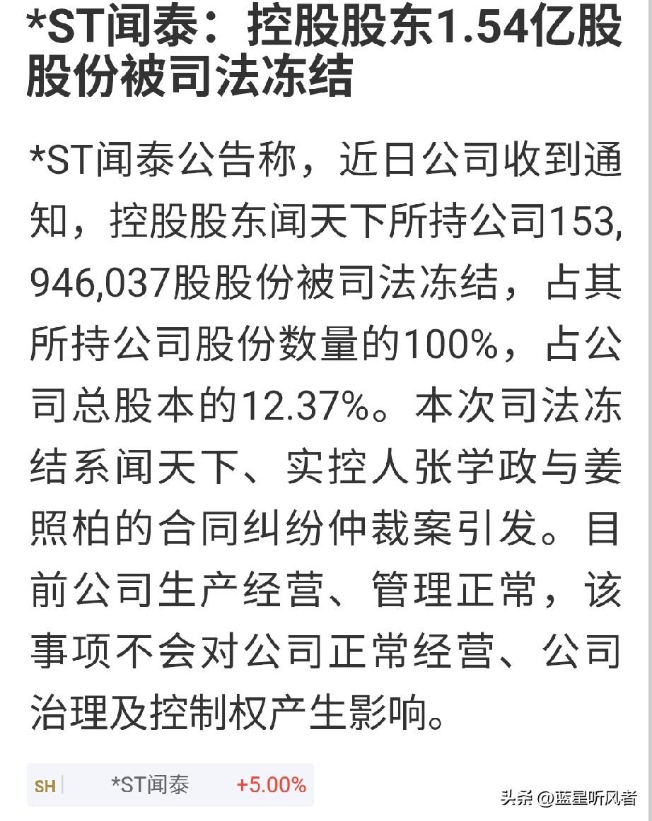 *ST闻泰再出新状况！控股股东所有持股全部被司法冻结
 
本次被冻结股份合计1.