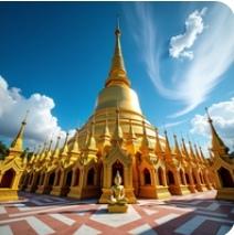 踏入老挝金塔，鎏金塔身在澄澈蓝天下闪耀，红白斑纹地砖勾勒出禅意，指尖轻触皆是东南