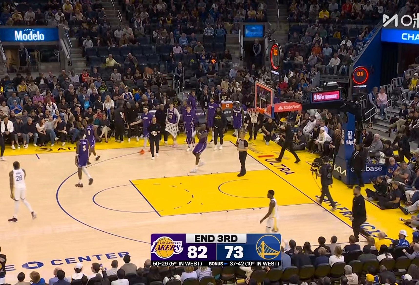 三节结束，勇士将分差追到9分。 