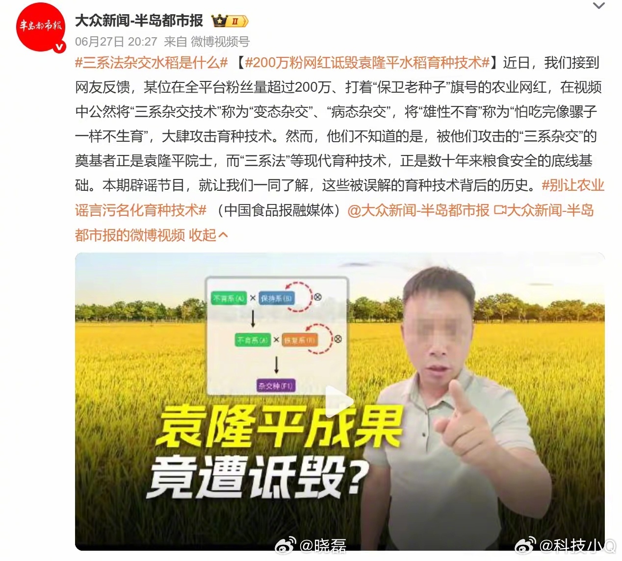 诋毁袁隆平成果网红称大不了就进去这几年“质疑”我国农业的人太多了，打着守护粮食安