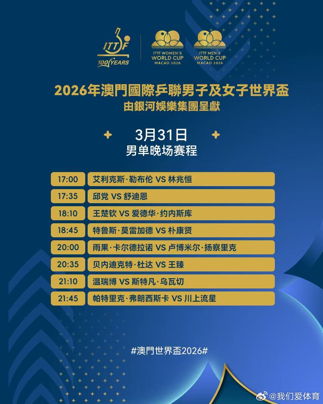 澳门世界杯2026 3月31日赛程。中国乒乓球梦之队