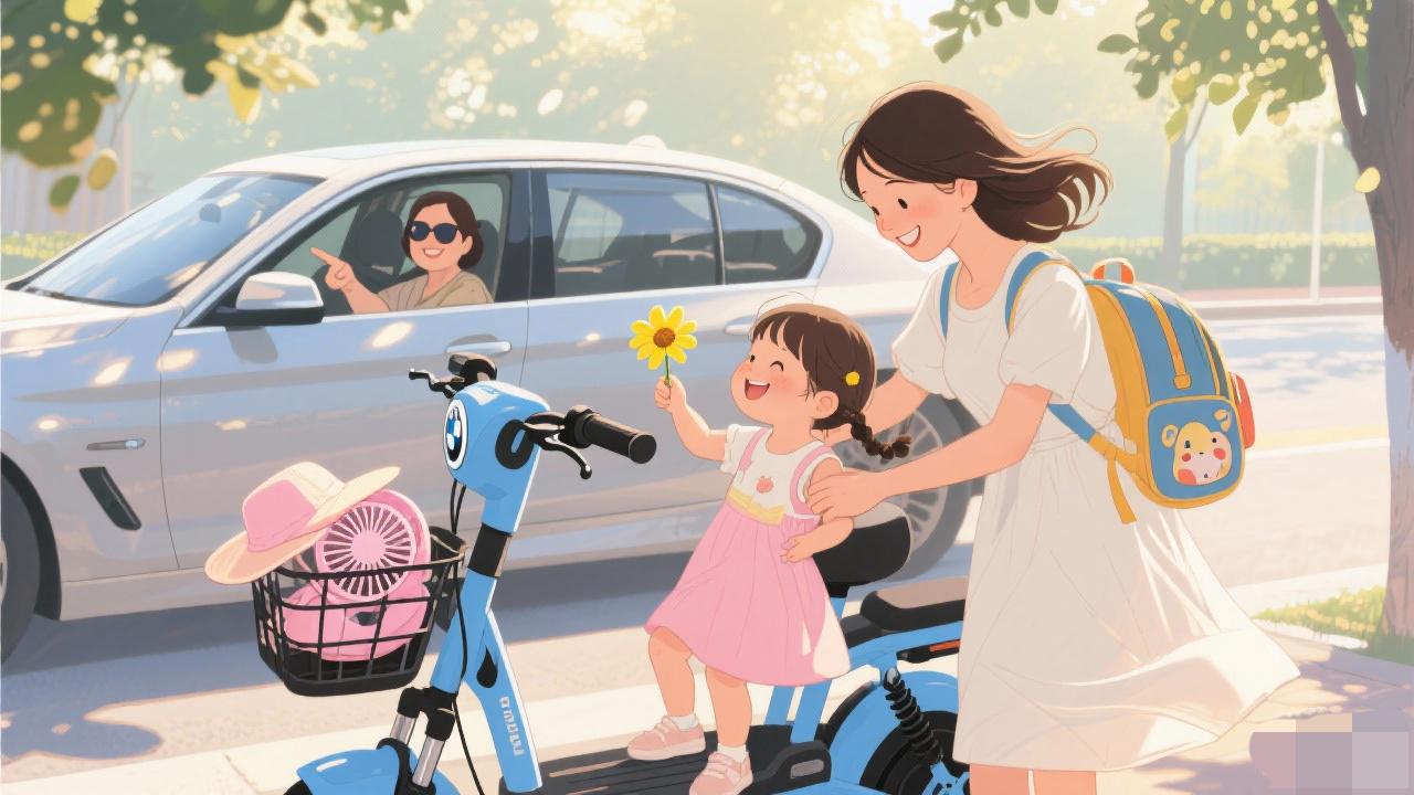 昨天送娃上学，刚停稳车就听见旁边宝马里的阿姨跟孩子说：“你看那电动车多挤呀。”